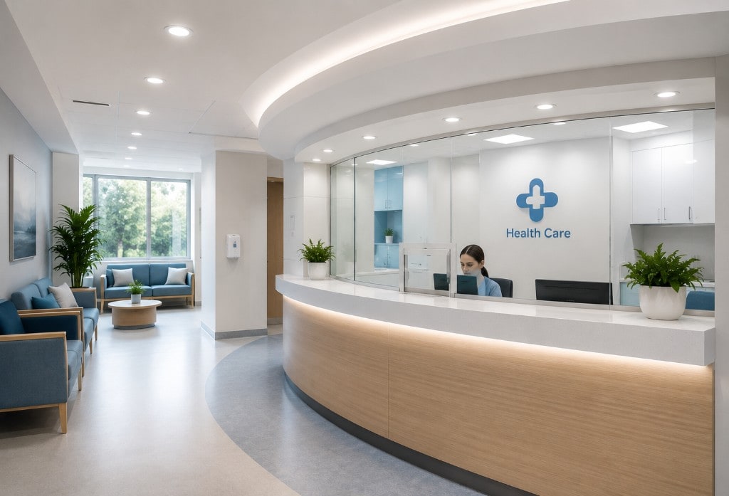 Modern healthcare reception and waiting area with clinical lighting